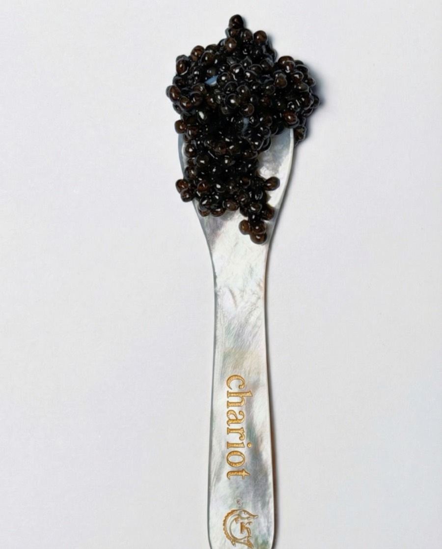 Caviar bump on a mother-of-pearl spoon engraved with the word chariot